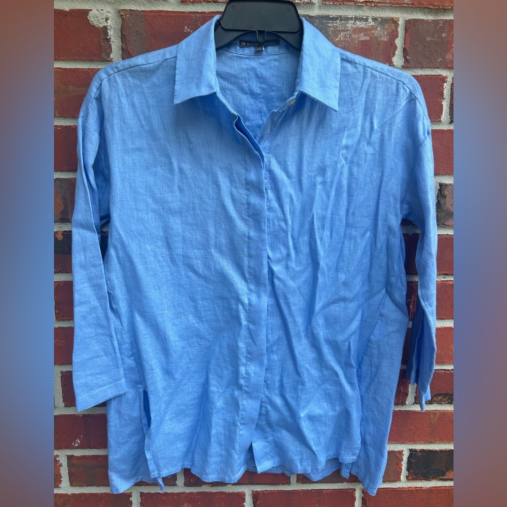 Elliot Lauren Womens Light Blue Long Sleeve Button Down Linen XS Shirt A-5